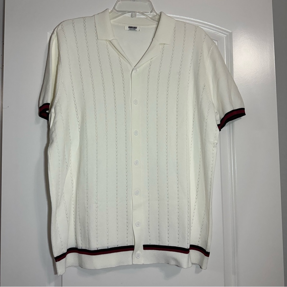 Coofandy Cream Short Sleeve Knit Button Up Shirt Sz L